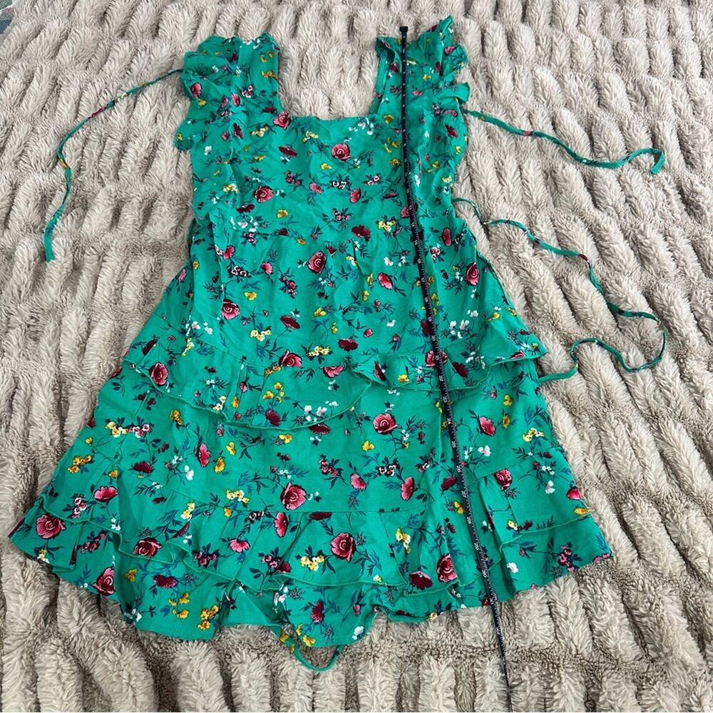 Lottie & Holly S Green Floral Tiered Mini Dress Tropical Resort Coquette - Picture 7 of 14